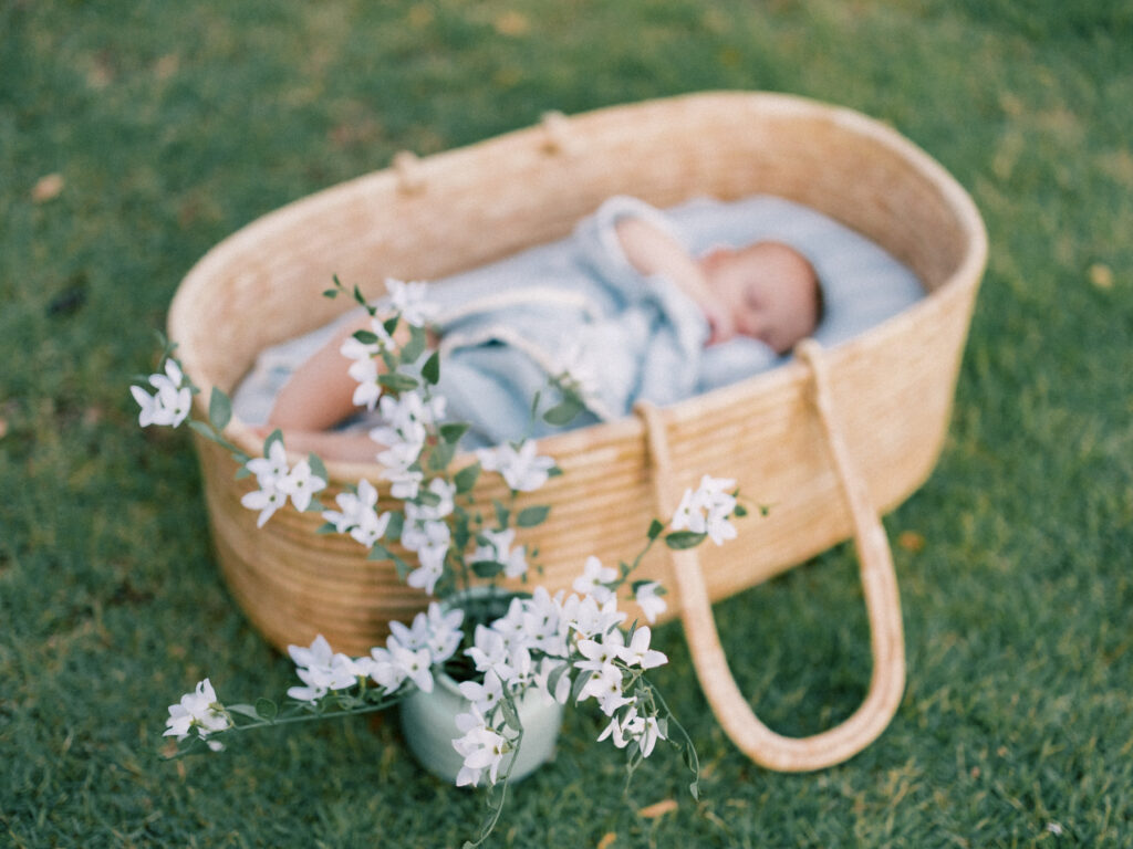 Baby basket photo with flowers and sleeping baby